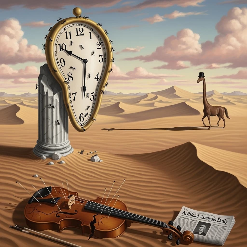 A vast desert plain stretches endlessly under a sky streaked with pale pink and ochre clouds. In the center stands a colossal clock, its face drooping and melting over the edge of a broken marble column. Ants swarm across its warped surface, glinting in the harsh sunlight. To the right, a horse with a giraffe like neck wearing a top hat strides toward the horizon, its shadow stretching miles across the sand. A cracked violin lies half-buried in the foreground, strings snapping outward like veins. Painted in the dreamlike surrealist style. A newspaper named the "Artificial Analysis Daily" lies on the Floor.