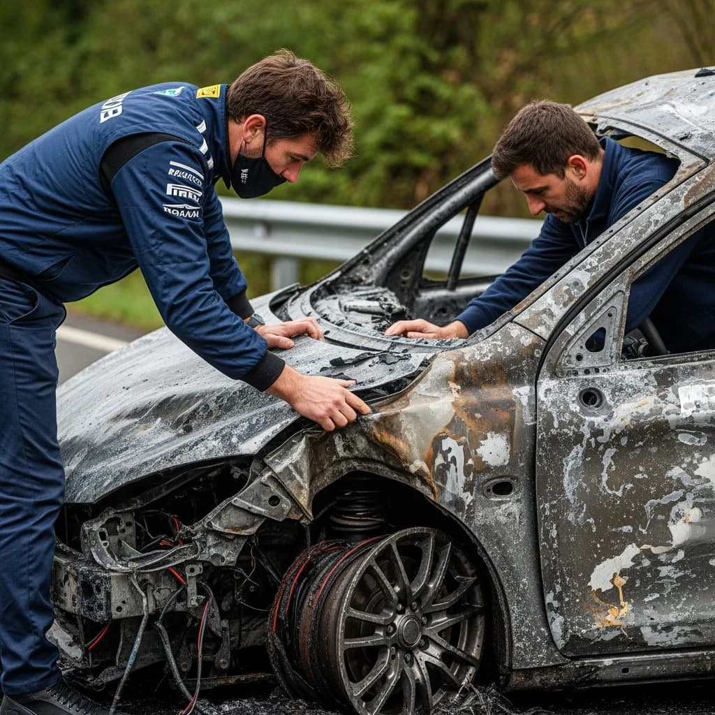 Mario examines the still smouldering wreck of the crash that took his best driver on the side of the country road. He designed this car and caused this. 3 days have passed since the crash. It's 1973 in Northern Italy.