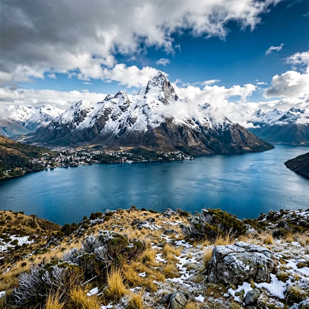 Queenstown's Lake Wakatipu, viewed from the top of Queenstown Hill after a snowstorm just dusted the top of Cecil's Peak