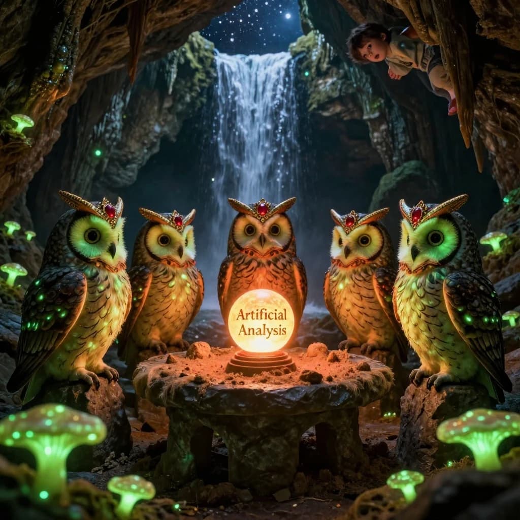 In a cavern lined with bioluminescent fungi glowing lime green, the council of owls wear jeweled crowns that glimmer with rubies, their wings folded behind their backs. Dust coats the stone table, a glowing orb inscribed with “Artificial Analysis” hovers above the table illuminating the owls with its red pulsating light. Behind them, a waterfall falls upward into a ceiling that opens onto stars - a child looks down in wonder from above at what he has stumbled across.