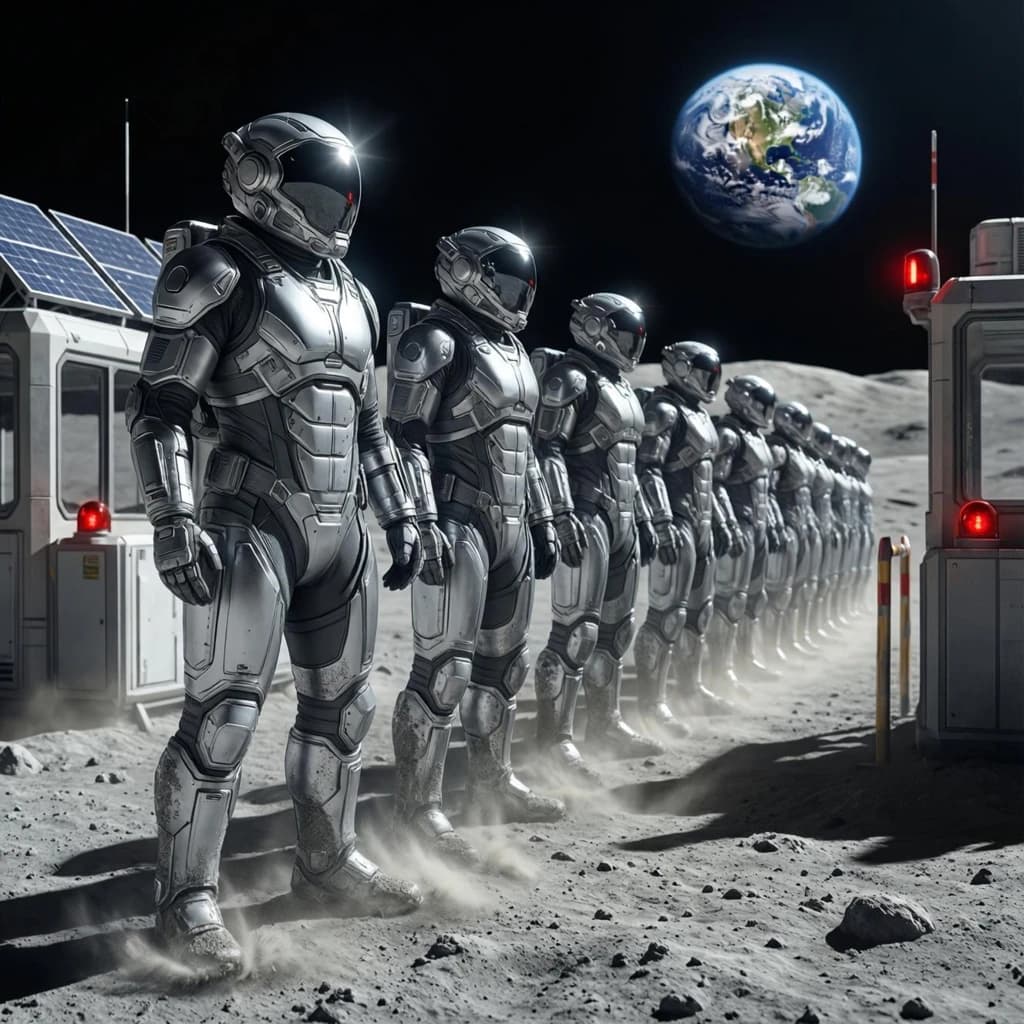 Silver exosuits queue at a dusty lunar checkpoint.