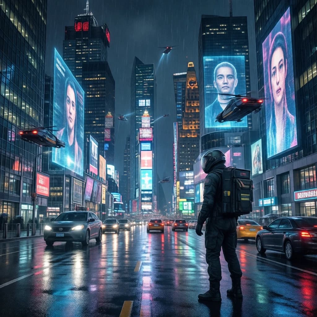 Rain-soaked neon megacity at night, flying taxis weave between glass towers, giant holograms flicker; a lone courier in a matte exosuit, somewhat cinematic wide angle.