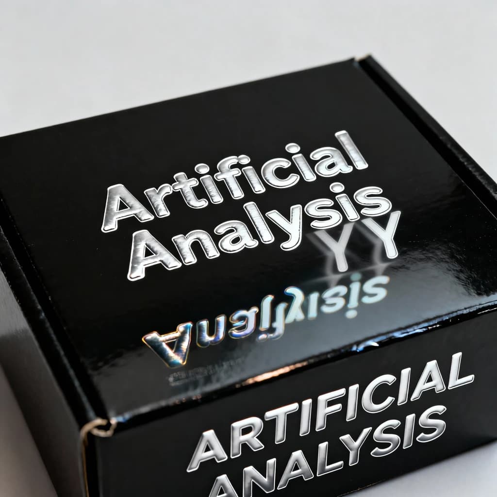 On the black box, silver foil embossing, centered: "Artificial Analysis" in Comic Sans Small Caps, perfectly justified. The letters are crisp, but the “Y” is duplicated faintly, ghosting right. On the box’s reflection, the word order is inverted: ARTIFICIAL ANALYSIS.