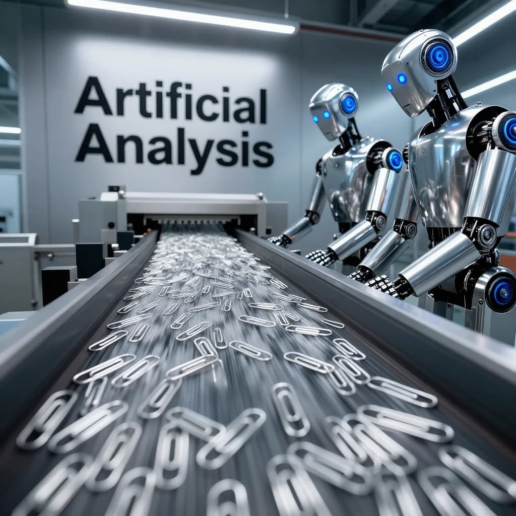 Close up point of view perspective on a conveyor belt pumping out paperclips at a maddening pace. The high tech factory has Artificial Analysis printed proudly on the wall. Robot staff look approvingly over the robust output.