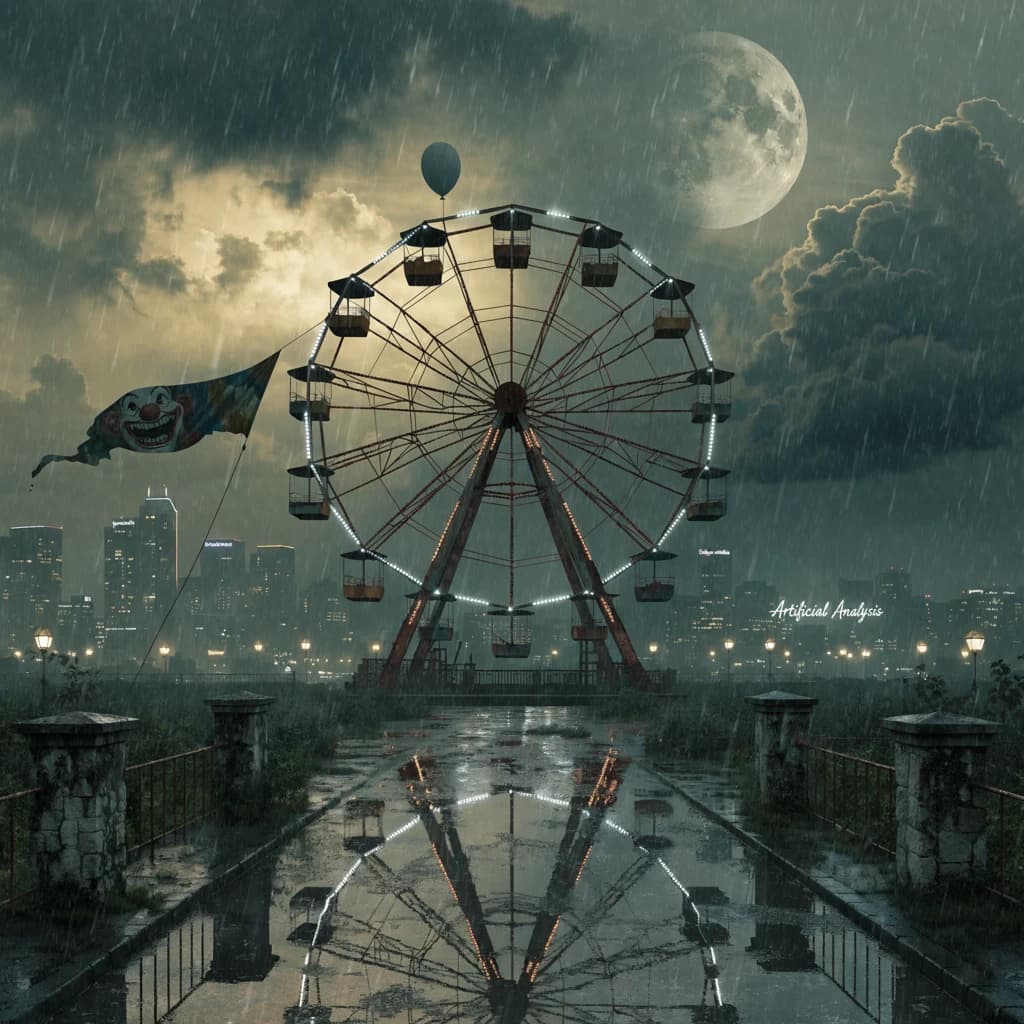 A deserted amusement park glows faintly under a half-moon. The ferris wheel is rusting yet strung with fresh, blinking LED lights. A torn clown banner flaps in a windless air. A lone balloon floats upward, tethered to nothing, while in the far distance city lights flicker on - some neon, some gas lamps as though from another century. 'Artificial Analysis' glows in neon