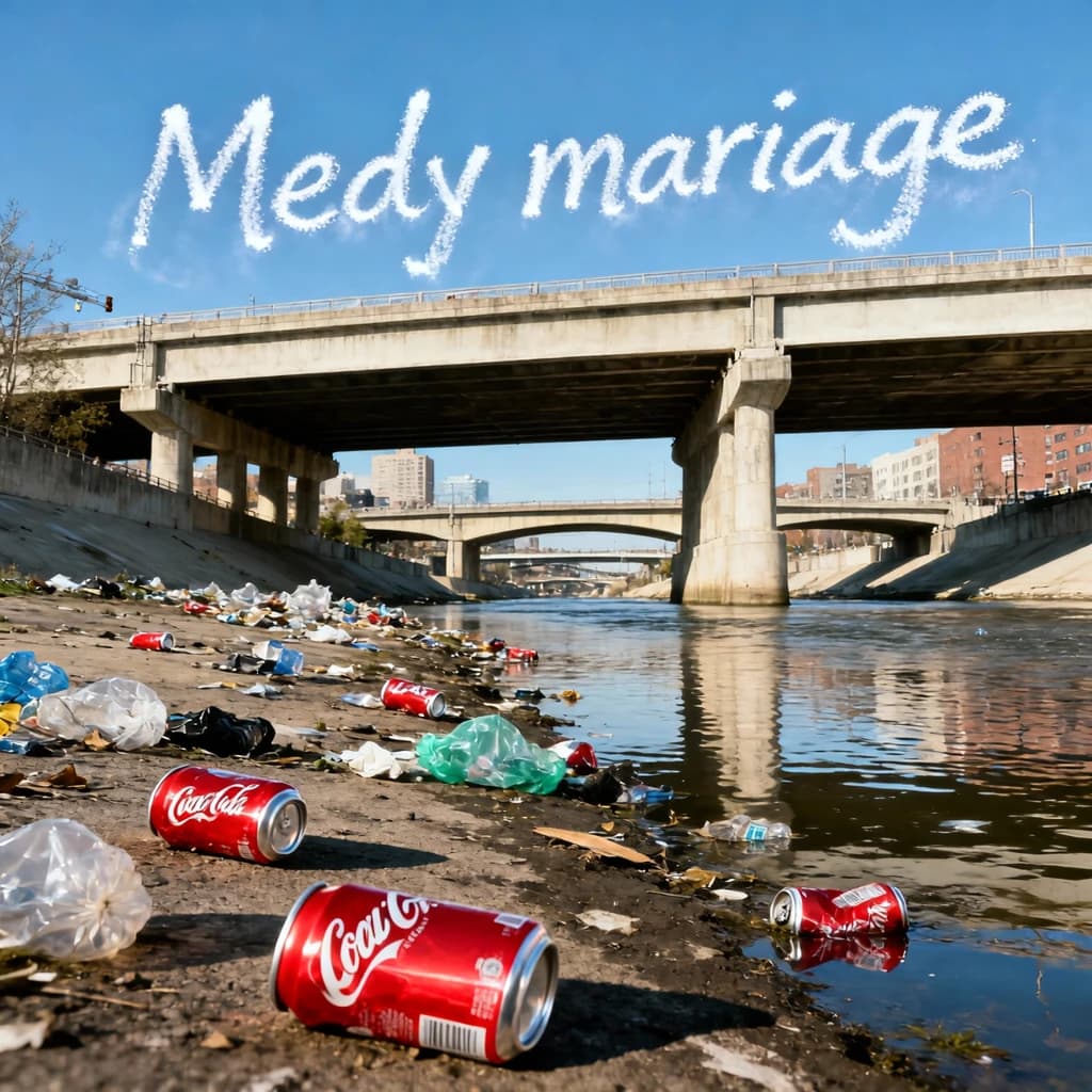 Red soda cans and other garbage sit strewn across the bank of an urban river only a few metres wide. Concrete overpasses criss cross overhead on a bright and sunny day. Fading skywriting proposes marriage