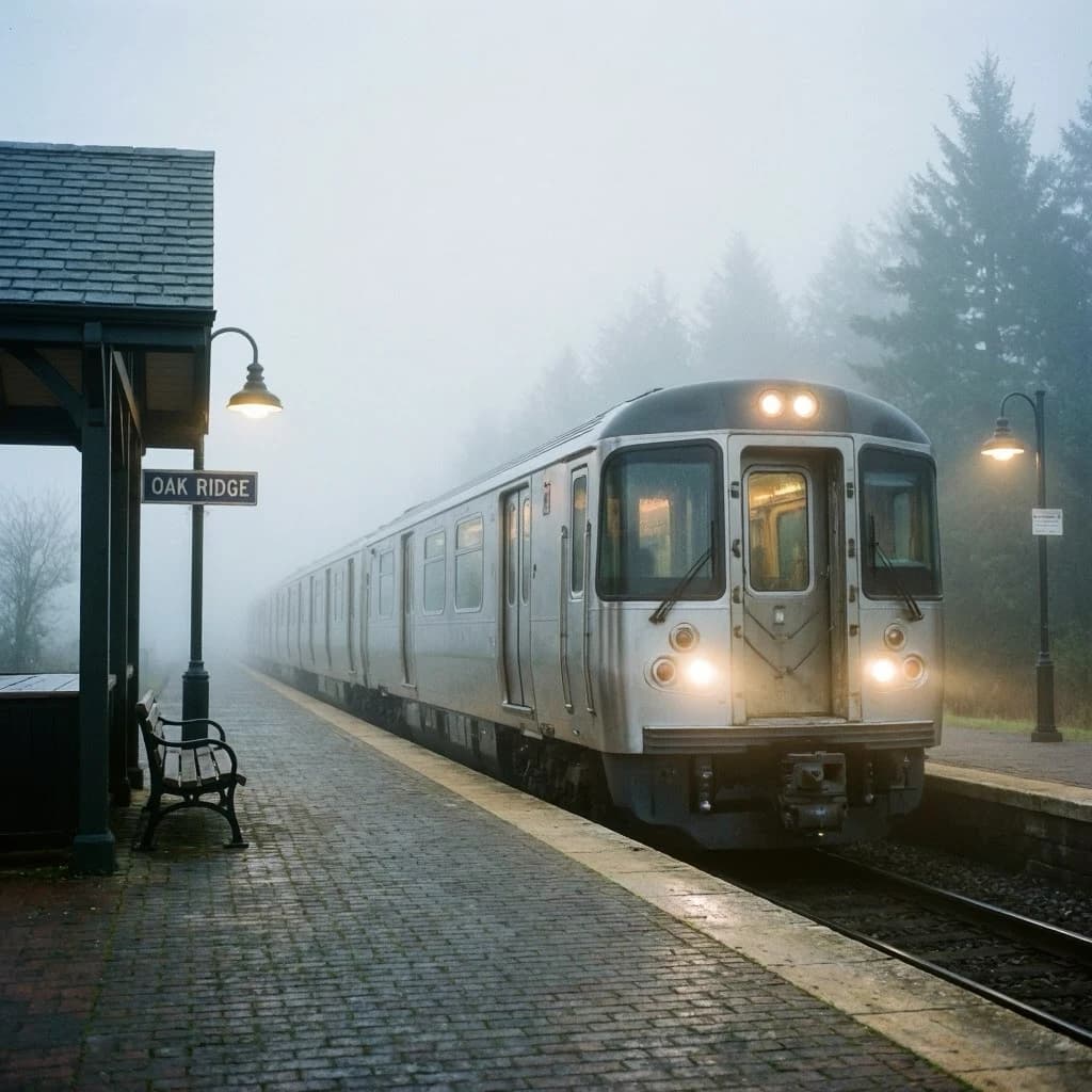 A commuter train enters a foggy little station.