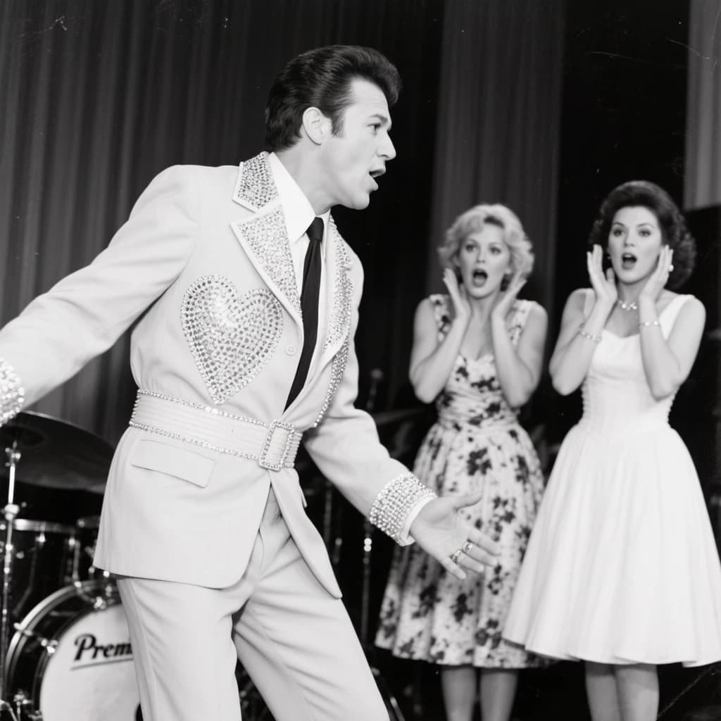 An archival image from 1953 of the rock singer swinging his hips on the stage while glamorous back up singers feign shock at his gyrations! He wears a diamond encrusted jacket with the stones arranged in the shape of a heart