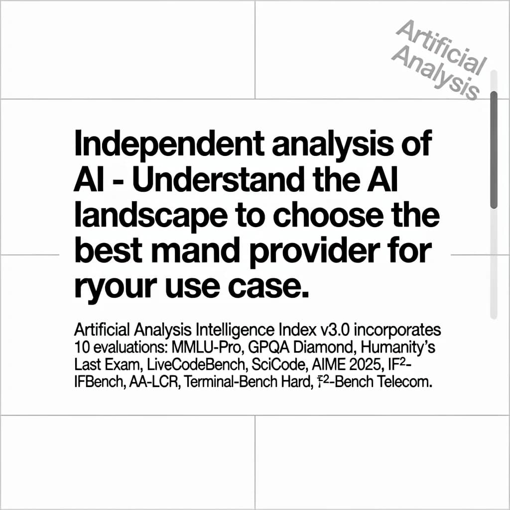 On a white dashboard with thin gray dividers, place a centered header in Helvetica Neue Bold, 20pt: “Independent analysis of AI - Understand the AI landscape to choose the best model and provider for your use case.” Directly beneath, a subheader in smaller Regular weight, 14pt: “Artificial Analysis Intelligence Index v3.0 incorporates 10 evaluations: MMLU-Pro, GPQA Diamond, Humanity's Last Exam, LiveCodeBench, SciCode, AIME 2025, IFBench, AA-LCR, Terminal-Bench Hard, 𝜏²-Bench Telecom.” The header is fully justified but the subheader is left-aligned. In the upper right corner, the Artificial Analysis logo appears watermarked, diagonal, faint gray, partially overlapping the scrollbar.