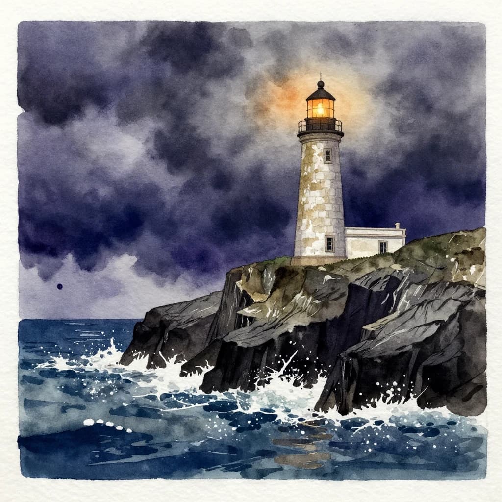Please paint a watercolor of stormy cliffs and a lighthouse, moody sky.