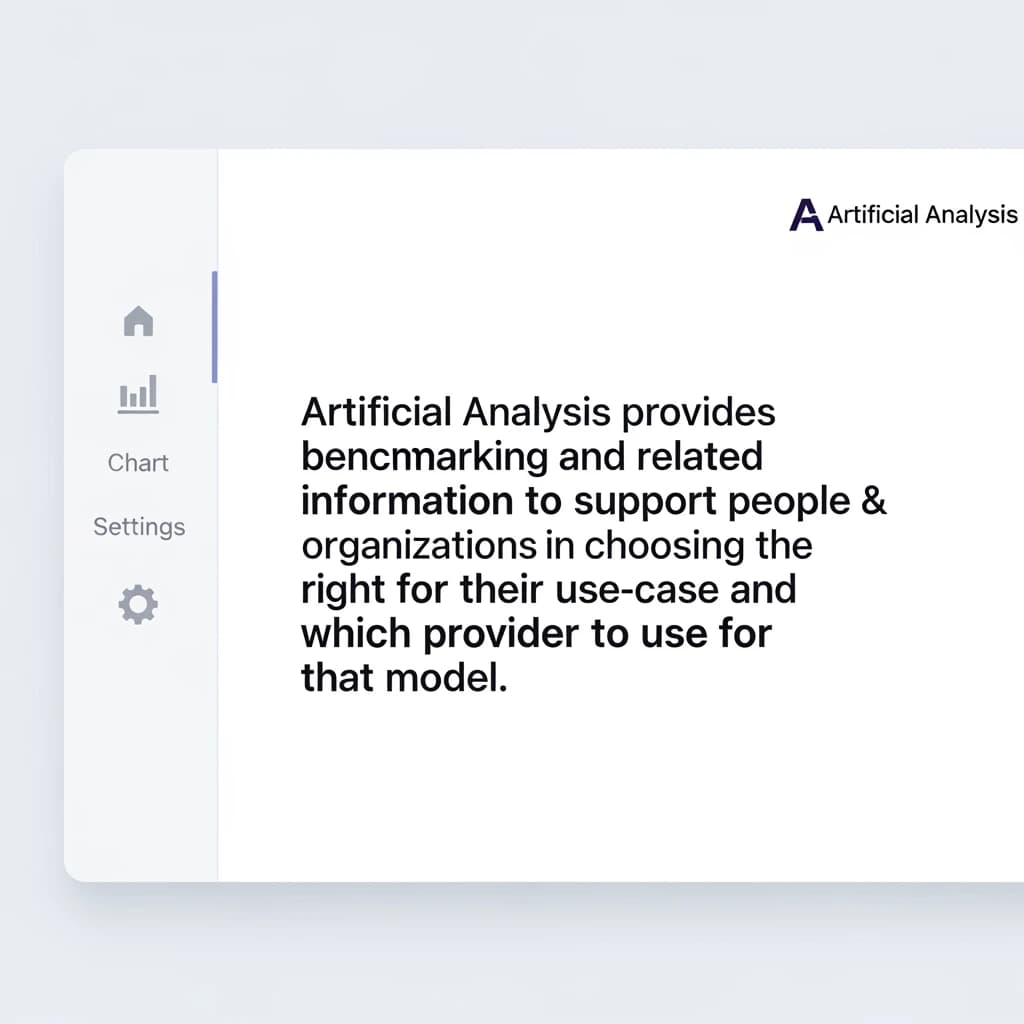 On a high-resolution dashboard mockup with a clean white background, display a centered text module in Helvetica Neue Regular, 18pt, black: “Artificial Analysis provides benchmarking and related information to support people & organizations in choosing the right model for their use-case and which provider to use for that model.” The text box is justified, but the final word wraps awkwardly onto its own line. To the left, a vertical navigation bar in light gray with three icons - home, chart, and settings - aligned evenly but casting misaligned shadows. In the upper right, the Artificial Analysis logo appears faintly, semi-transparent, watermarked over the corner of the interface.