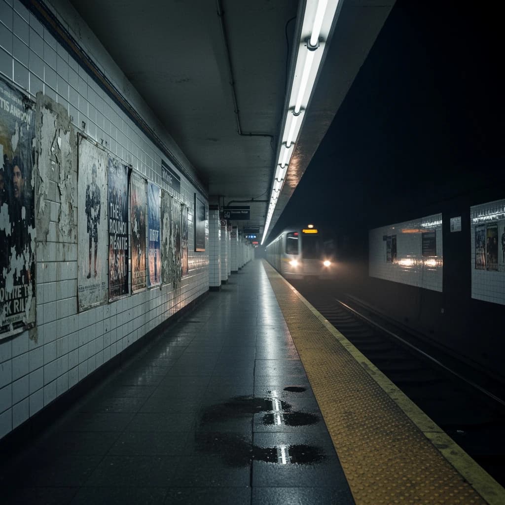 A subterranean subway platform with glossy tiles, peeling posters, flickering fluorescent lights, yellow safety line, and a distant train coming; slightly damp, echoes carry.