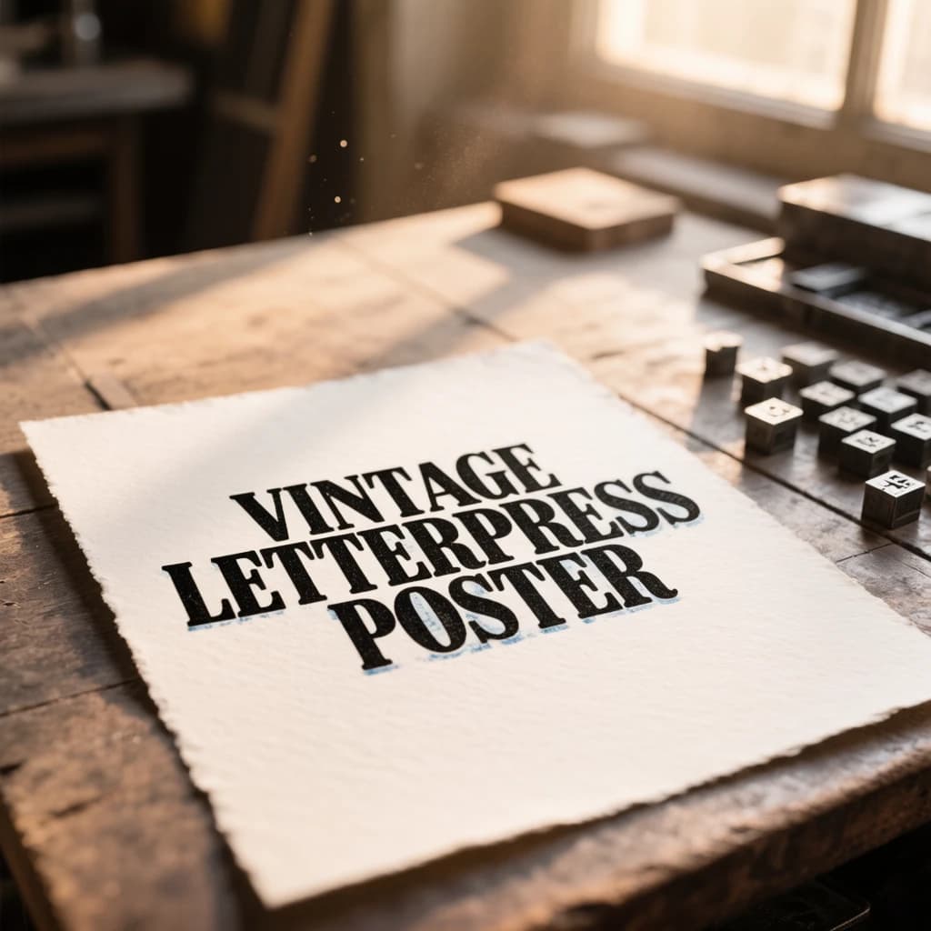 A vintage letterpress poster on a wooden desk: bold slab serif headline, tight kerning, misregistered ink, slightly worn edges, scattered metal type, soft window light.