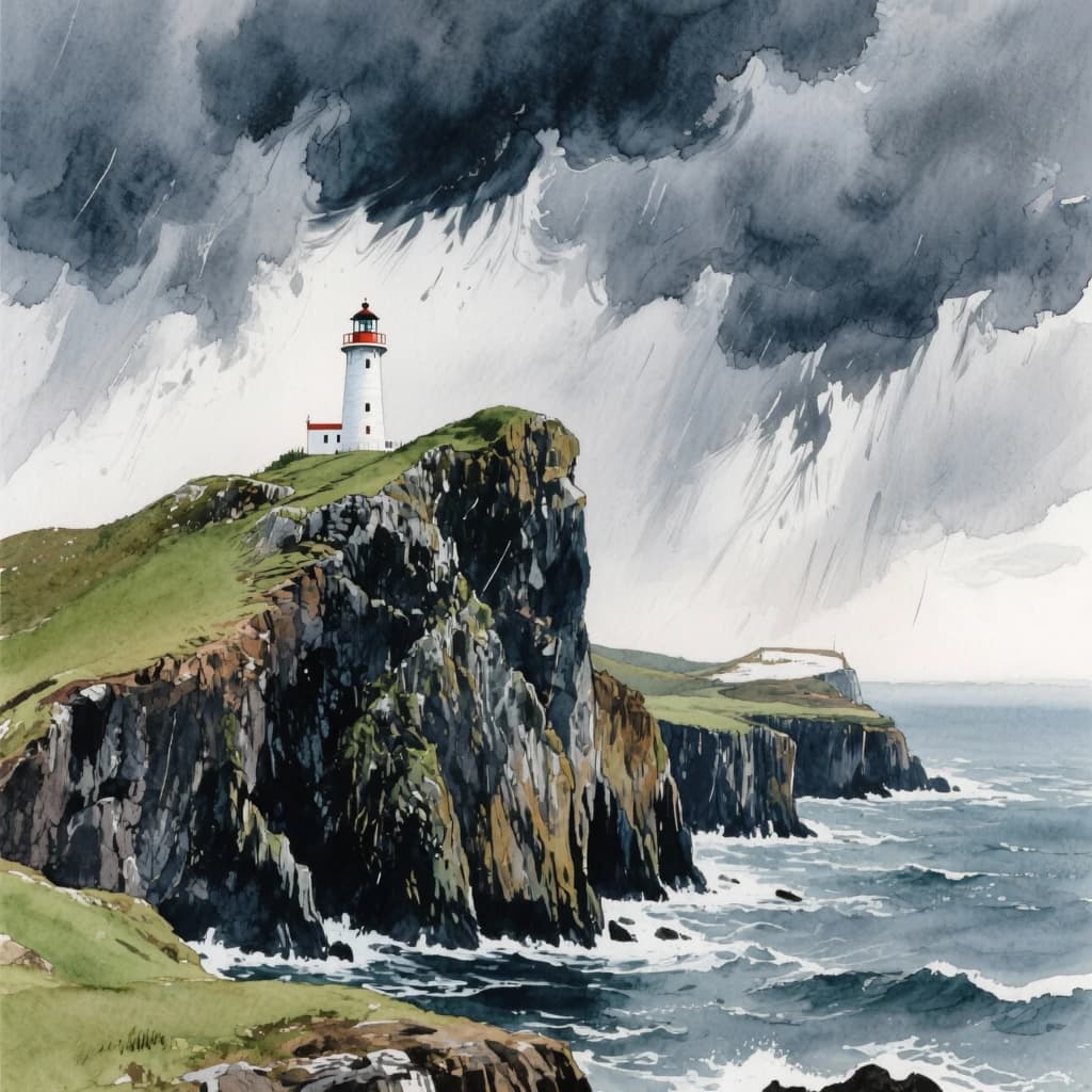 Please paint a watercolor of stormy cliffs and a lighthouse, moody sky.