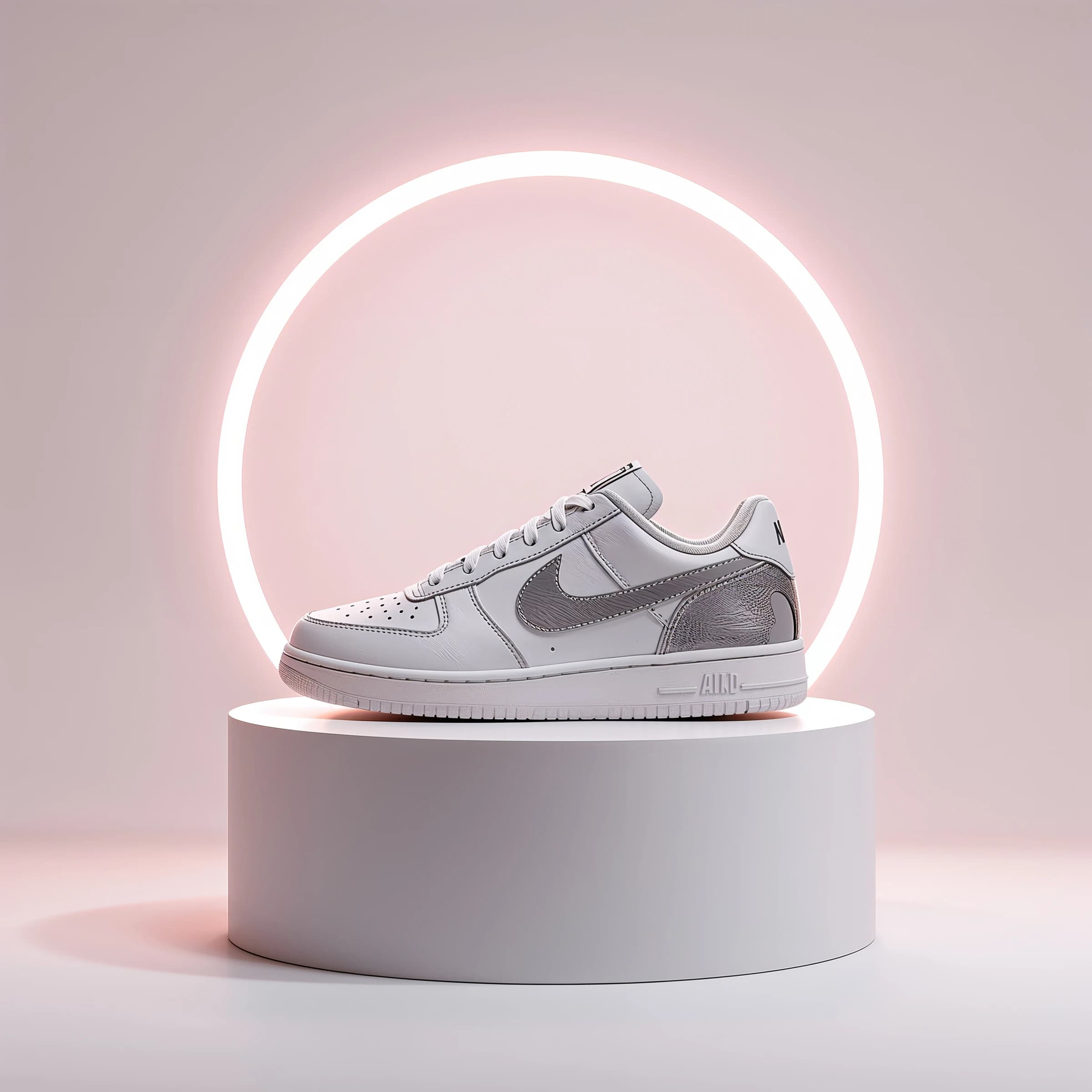 Make a polished 3D ad render: sneakers on glossy plinths, rim lighting.