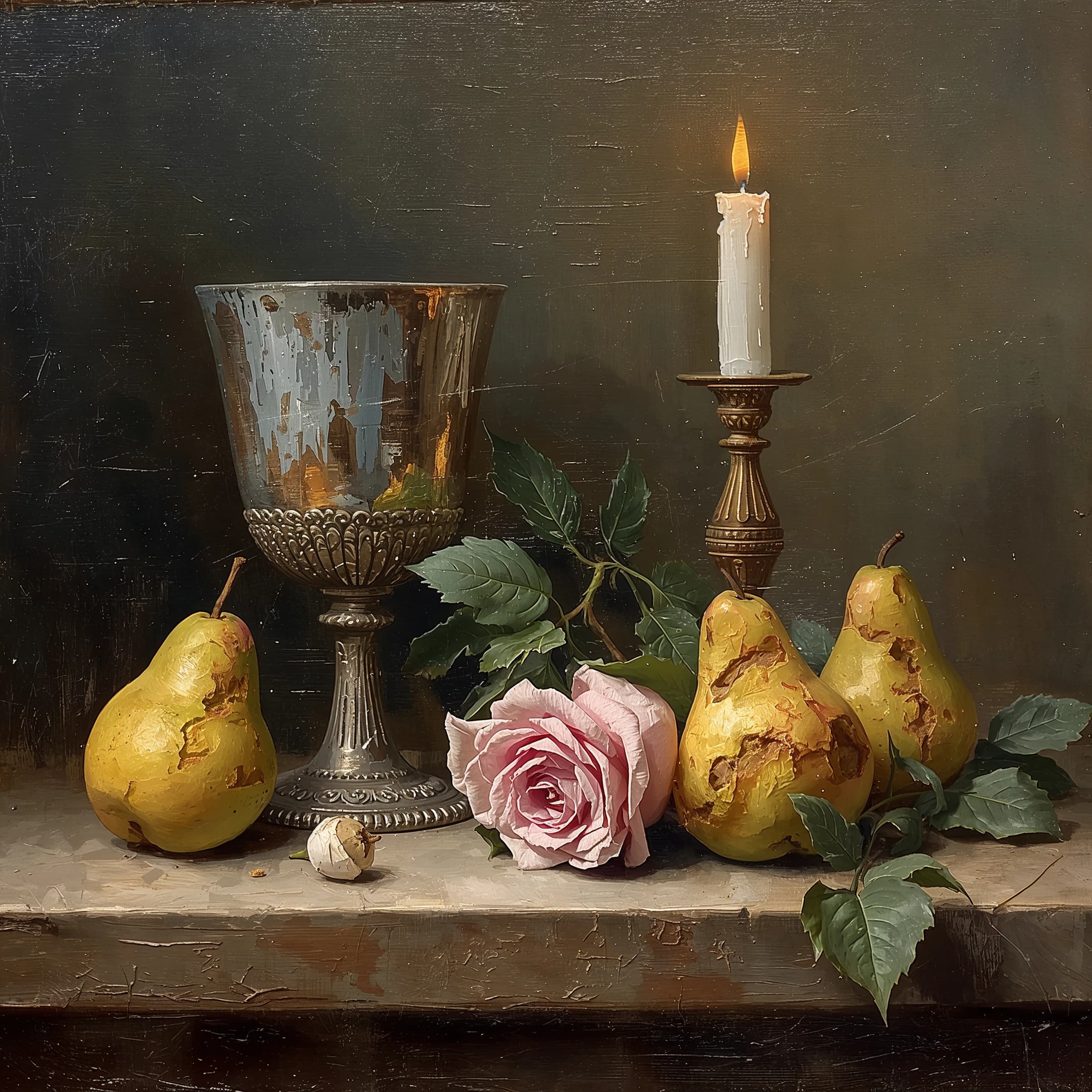 Create an oil on canvas still life with a tarnished goblet, bruised pears, and wilted roses, lit by a single candle; a bit muted palette, soft brushwork, subtle craquelure.