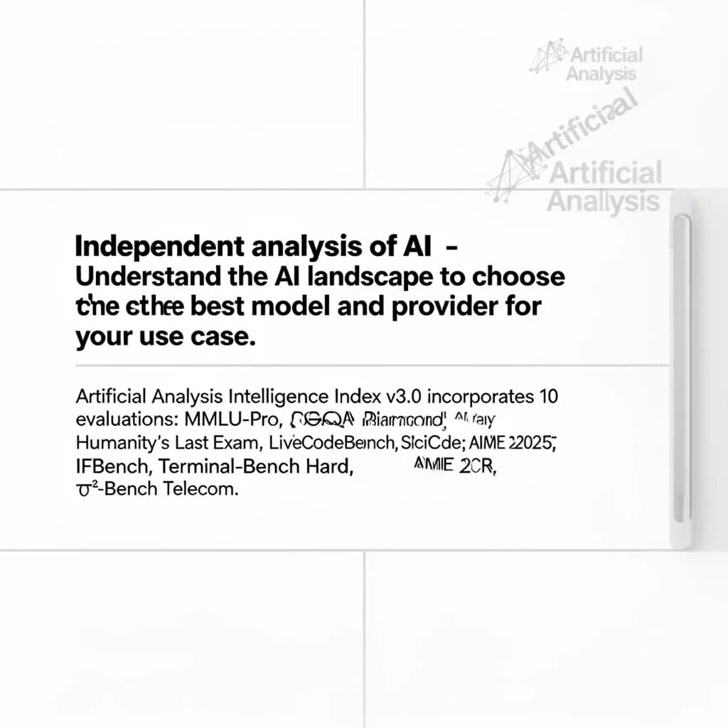 On a white dashboard with thin gray dividers, place a centered header in Helvetica Neue Bold, 20pt: “Independent analysis of AI - Understand the AI landscape to choose the best model and provider for your use case.” Directly beneath, a subheader in smaller Regular weight, 14pt: “Artificial Analysis Intelligence Index v3.0 incorporates 10 evaluations: MMLU-Pro, GPQA Diamond, Humanity's Last Exam, LiveCodeBench, SciCode, AIME 2025, IFBench, AA-LCR, Terminal-Bench Hard, 𝜏²-Bench Telecom.” The header is fully justified but the subheader is left-aligned. In the upper right corner, the Artificial Analysis logo appears watermarked, diagonal, faint gray, partially overlapping the scrollbar.