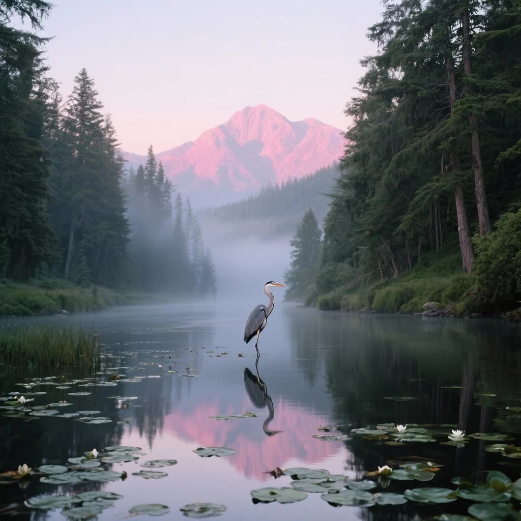 With pre-dawn mist along a cedar forest river and glassy water dotted with lily pads, distant mountains blush pink, and a heron stands still like it forgot what to do next.