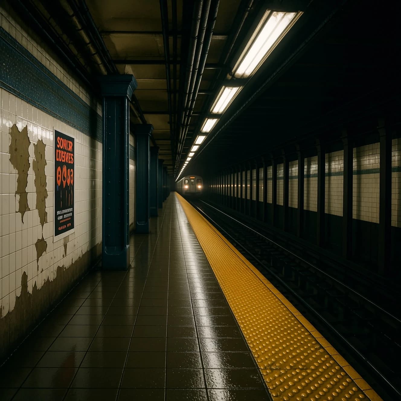 A subterranean subway platform with glossy tiles, peeling posters, flickering fluorescent lights, yellow safety line, and a distant train coming; slightly damp, echoes carry.