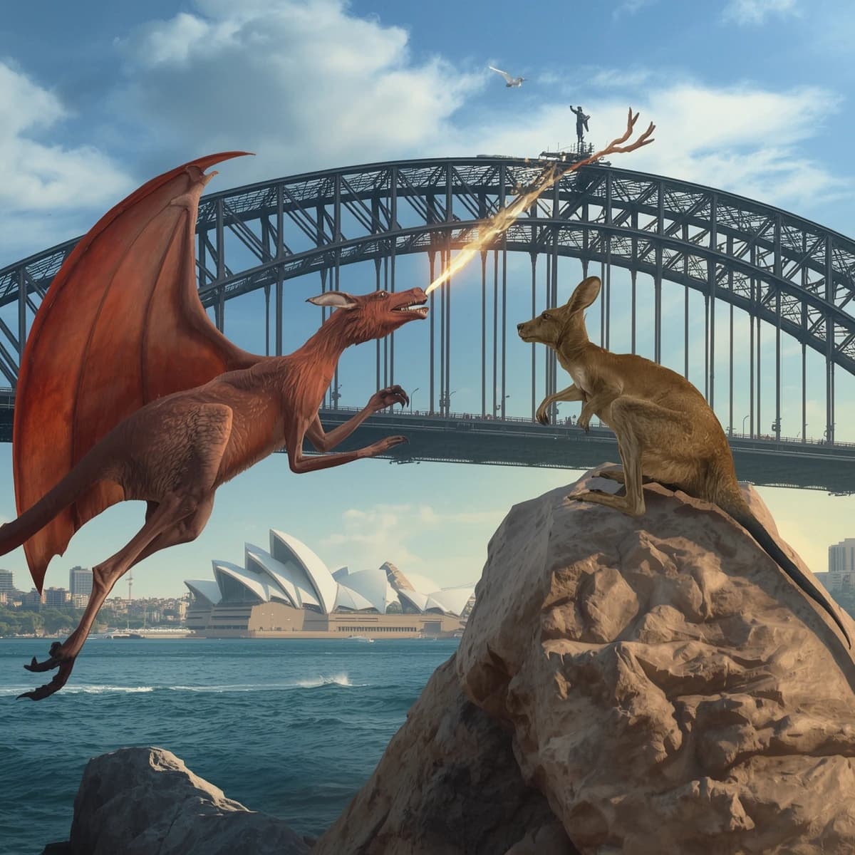 A dragon breathes fire at a kangaroo that is running away by climbing over the top of the Sydney Harbour Bridge. Opera House visible in the background.