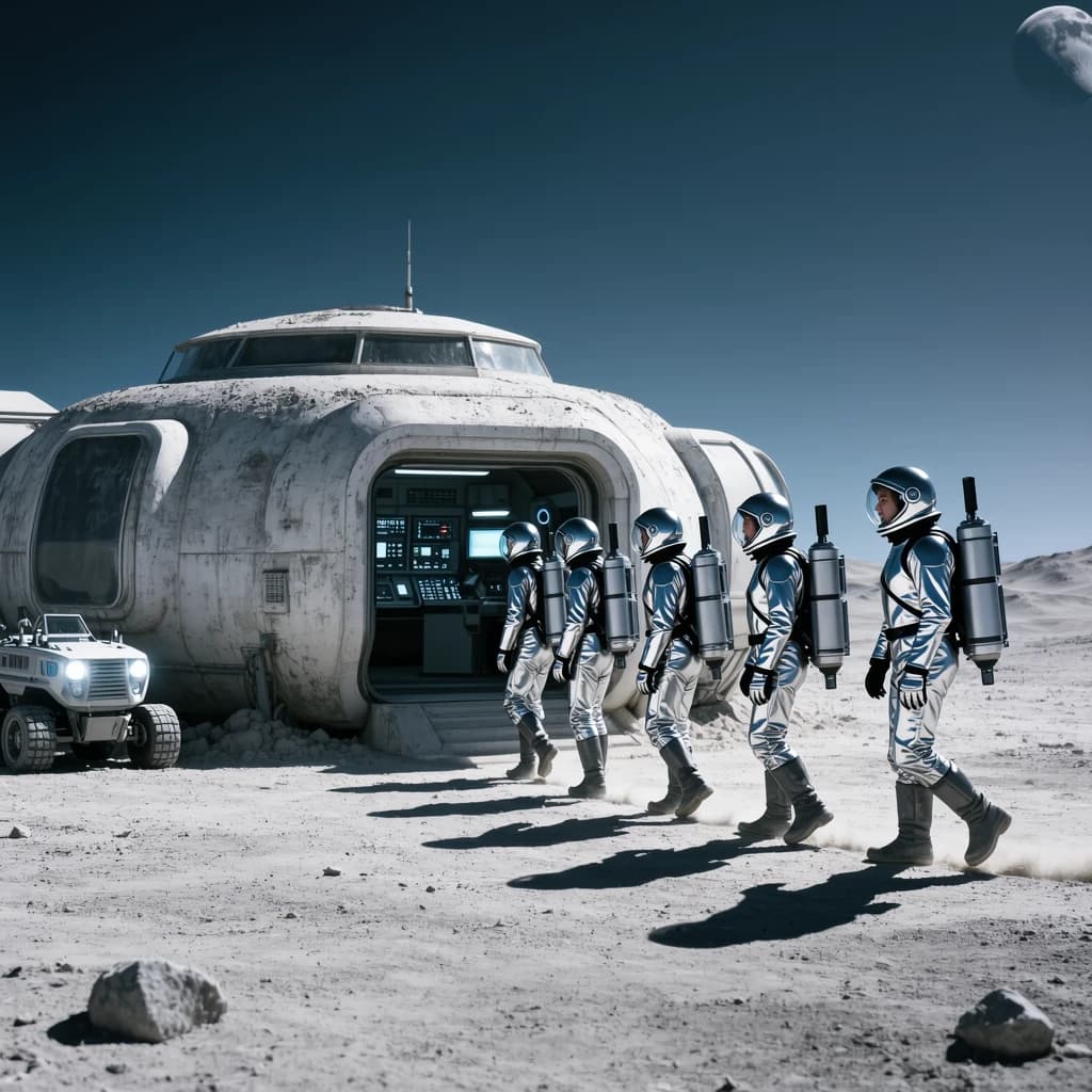 Silver exosuits queue at a dusty lunar checkpoint.