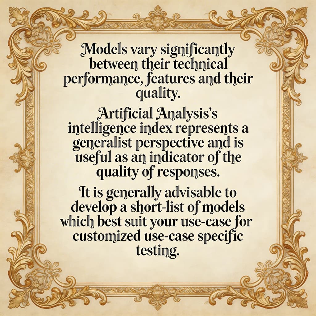 On a flat layout, write in an ornate baroque style "Models vary significantly between their technical performance, features and their quality. Artificial Analysis's intelligence index represents a generalist perspective and is useful as an indicator of the quality of responses. It is generally advisable to develop a short-list of models which best suit your use-case for customized use-case specific testing. "