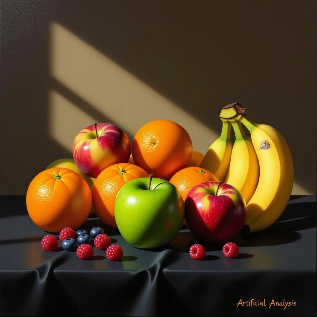 A still life scene painted oil on canvas, comprising various fruits on a black table cloth with striking lighting coming from the right out of frame, creating strong shadows. A bruised green apple is in the foreground, a peach behind it, and behind that a melange of oranges and bananas in various states of ripeness. Berries are strewn in front of the apple. The artist has signed his name "Artificial Analysis" in the bottom right corner in a hurried fashion.