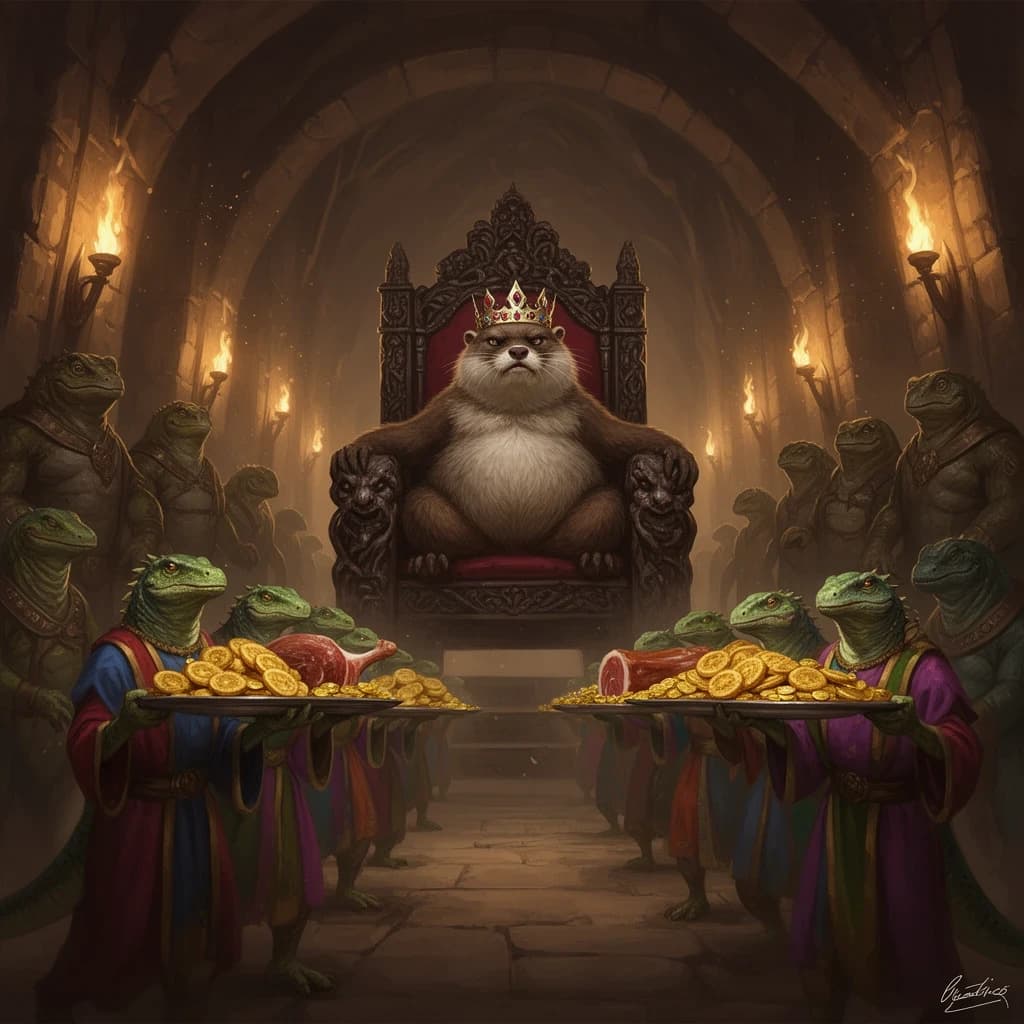 Big Weasel, the tyrannical ruler of the Levitus, slouches on his throne, his mood foul but somewhat brightened by the sight of gifts - a wearisome group of lizard traders adorned in fine silks proceed toward him through the hall with their annual tribute of biscuits, ham and gold - Big Weasel's favourites. Big Weasel's entourage looks on with stern approval.
