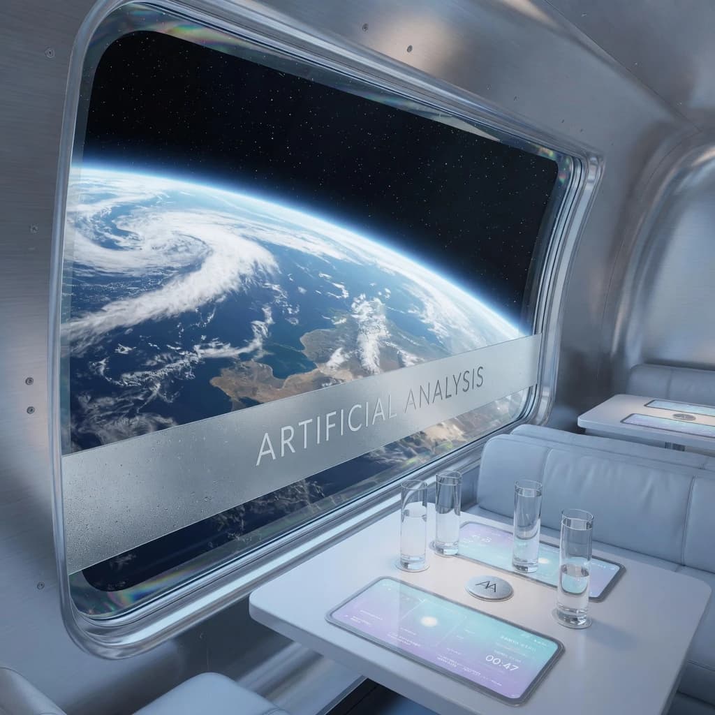 The orbital lounge has brushed aluminum walls and pale leather banquettes. Low white tables are inset with glowing touchscreens. Drinks are clear, flavorless, in tall unmarked glasses. The viewport is floor-to-ceiling, showing Earth moving slowly beneath. The word Artificial Analysis is etched discreetly on the glass in a frosted band.