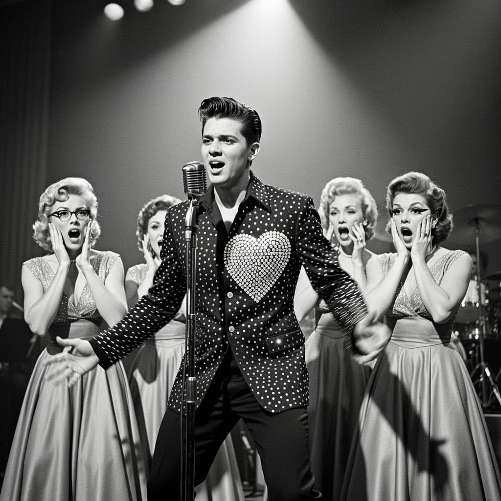 An archival image from 1953 of the rock singer swinging his hips on the stage while glamorous back up singers feign shock at his gyrations! He wears a diamond encrusted jacket with the stones arranged in the shape of a heart