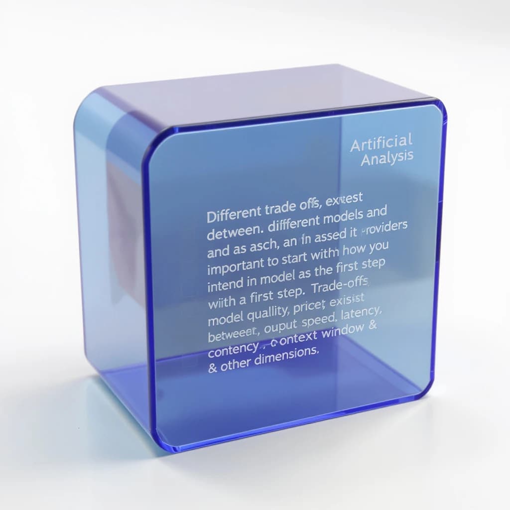In a clear transparent blue glassy rounded box, etch "Different trade offs exist between different models and providers and as such, it is important to start with how you intend to use the model as the first step. Trade-offs exist currently between model quality, price, output speed, latency, context window & other dimensions. " in sans serif medium weight text. Artificial Analysis is watermarked over the top right 