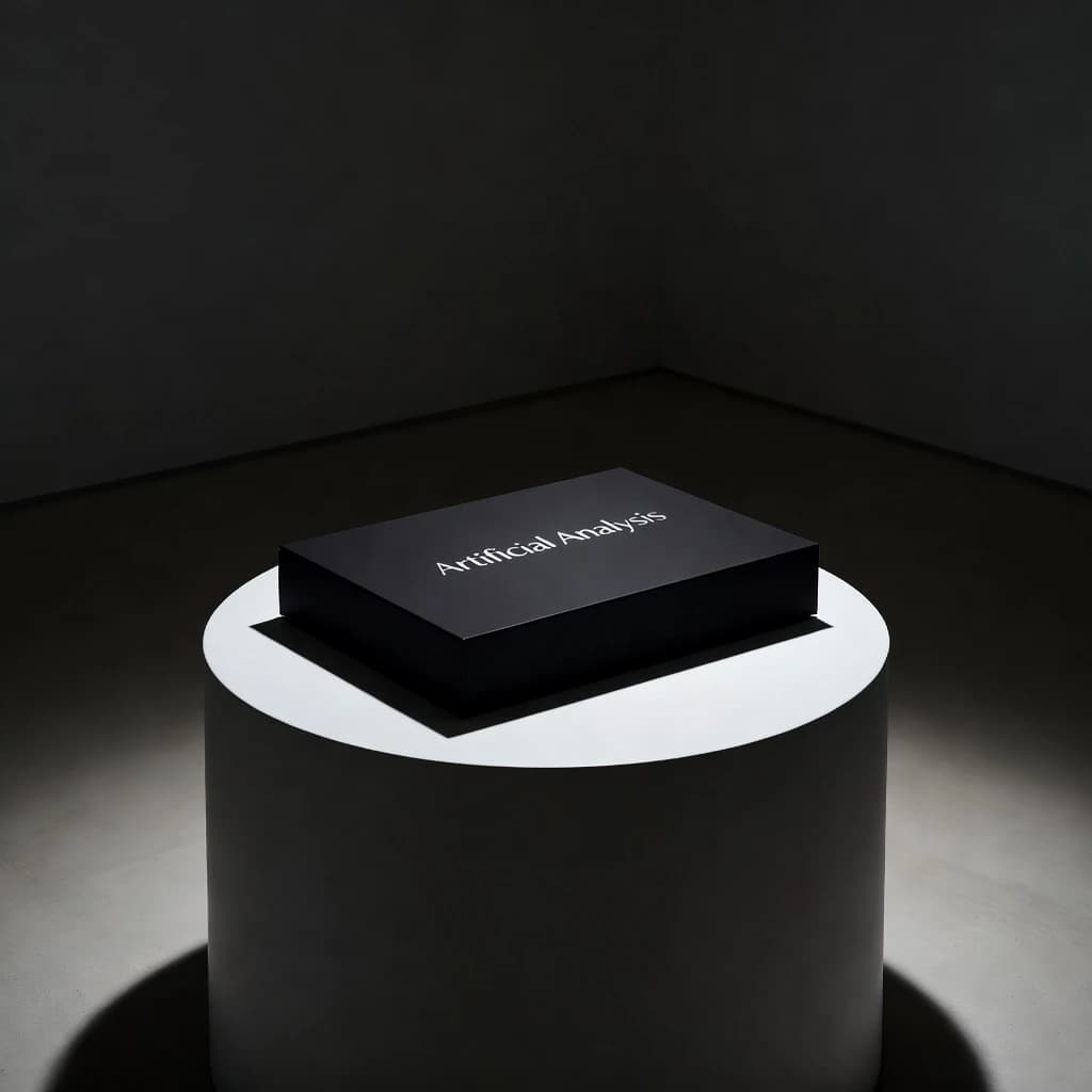 A premium matte black laptop-sized box rests on a pure white pedestal within a gallery space. Overhead, a single spotlight carves sharp contrast, leaving the edges in deep shadow. The brand name Artificial Analysis is embossed in silver foil, glinting faintly as though it were jewelry.