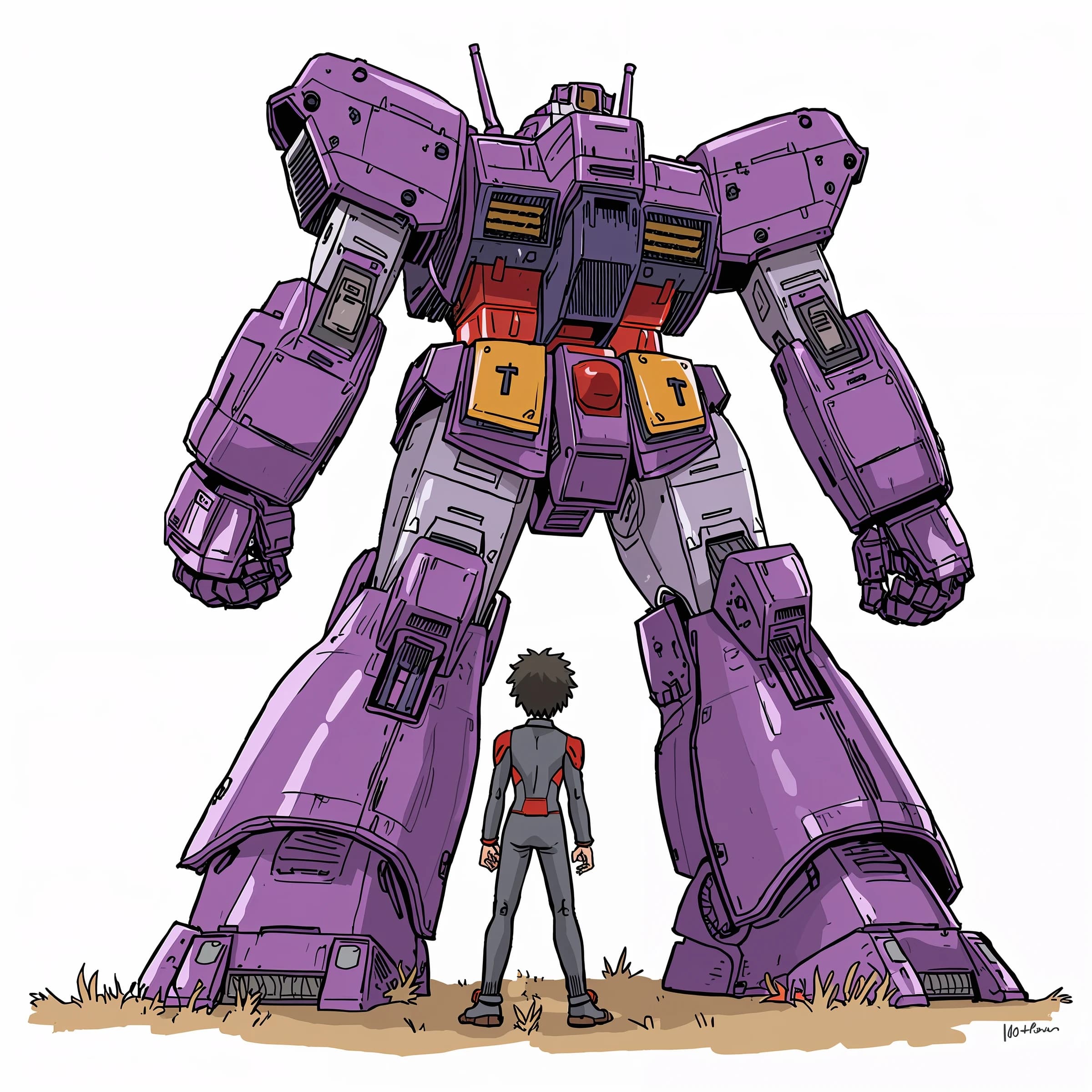 Clad in his body suit up to the neck, young Masa nervously approaches the towering mech with his back facing us. He is nervous for his first time in the field. The mech's bright purple colour scheme contrasts with the grey body suit. The scale of the mech dwarfs Masa. Hand drawn style