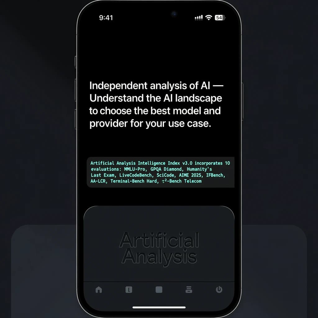 On a black smartphone UI with rounded corners, display a centered text block in white San Francisco font, 16pt: “Independent analysis of AI - Understand the AI landscape to choose the best model and provider for your use case.” Below, in neon cyan, monospace font, smaller size: “Artificial Analysis Intelligence Index v3.0 incorporates 10 evaluations: MMLU-Pro, GPQA Diamond, Humanity's Last Exam, LiveCodeBench, SciCode, AIME 2025, IFBench, AA-LCR, Terminal-Bench Hard, 𝜏²-Bench Telecom.” The second block scrolls horizontally as a ticker. The battery icon in the status bar shows 54%. The Artificial Analysis logo appears faintly, embossed into the bottom navigation bar.