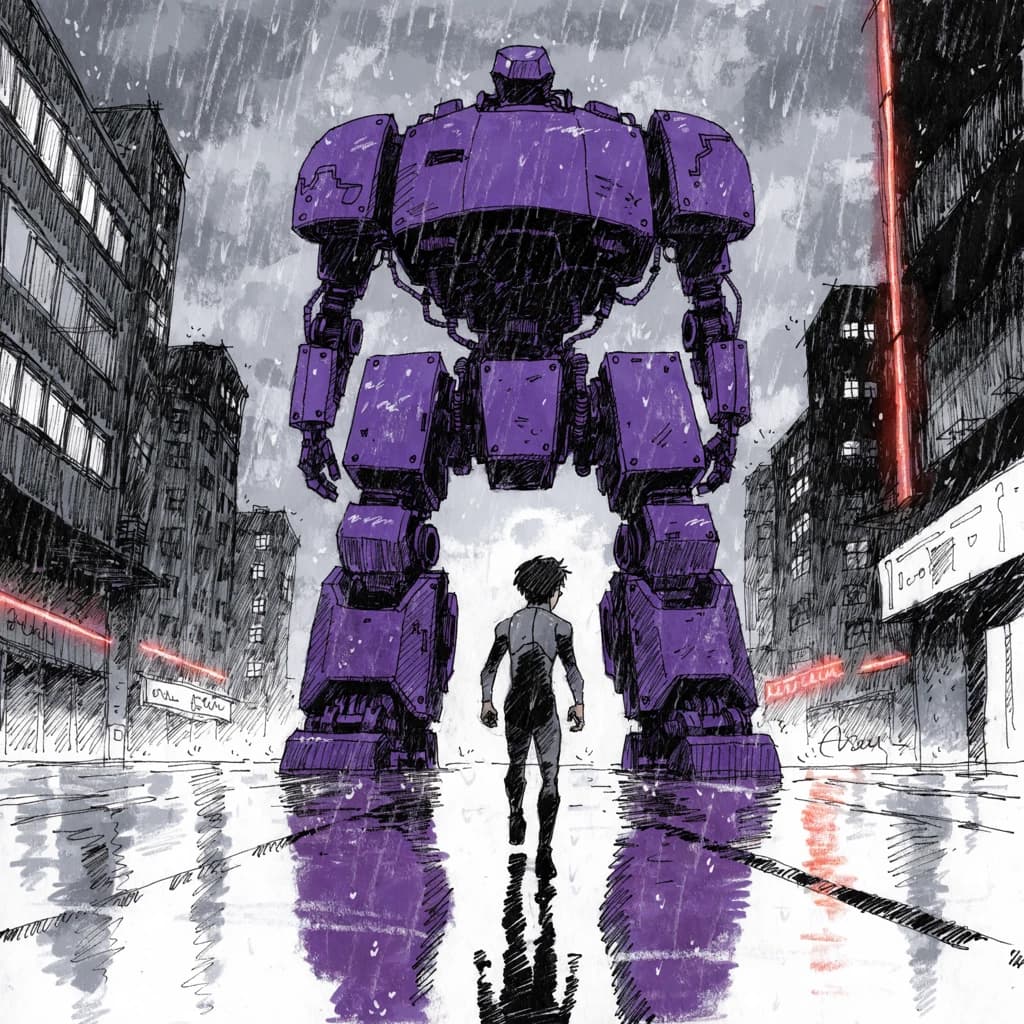 Clad in his body suit up to the neck, young Masa nervously approaches the towering mech with his back facing us. He is nervous for his first time in the field. The mech's bright purple colour scheme contrasts with the grey body suit. The scale of the mech dwarfs Masa. Hand drawn style