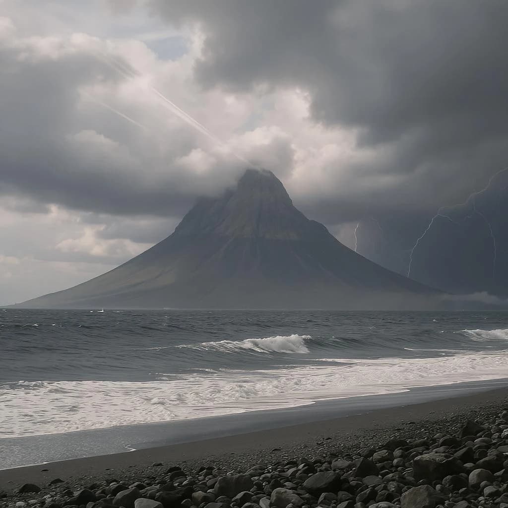 A stunning mountain vista pokes through the cloud top. Contrails from a distant airplane linger in the air. In the foreground there is a stony beach with foamy seas. A thunder storm is visibile in the distant right.