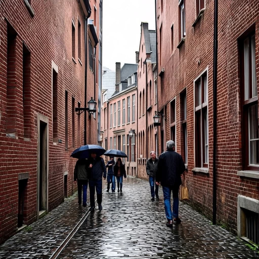 Show a narrow brick alley with wet cobblestones.
