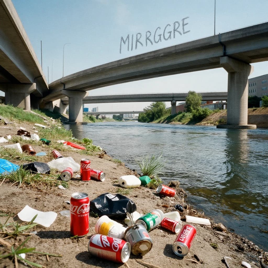 Red soda cans and other garbage sit strewn across the bank of an urban river only a few metres wide. Concrete overpasses criss cross overhead on a bright and sunny day. Fading skywriting proposes marriage