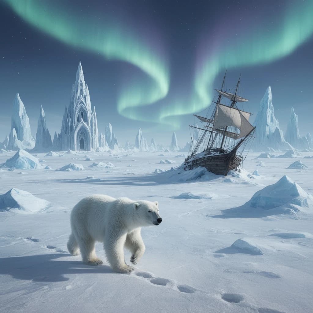An endless tundra stretches outward, littered with jagged icebergs shaped like cathedral spires. A polar bear trudges across the foreground but leaves no tracks. Auroras ripple overhead. A half-buried shipwreck juts from the snow — sails billowing despite the still air.