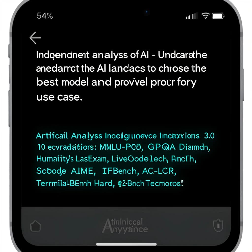 On a black smartphone UI with rounded corners, display a centered text block in white San Francisco font, 16pt: “Independent analysis of AI - Understand the AI landscape to choose the best model and provider for your use case.” Below, in neon cyan, monospace font, smaller size: “Artificial Analysis Intelligence Index v3.0 incorporates 10 evaluations: MMLU-Pro, GPQA Diamond, Humanity's Last Exam, LiveCodeBench, SciCode, AIME 2025, IFBench, AA-LCR, Terminal-Bench Hard, 𝜏²-Bench Telecom.” The second block scrolls horizontally as a ticker. The battery icon in the status bar shows 54%. The Artificial Analysis logo appears faintly, embossed into the bottom navigation bar.