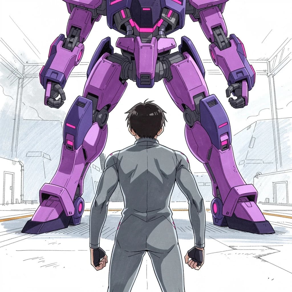 Clad in his body suit up to the neck, young Masa nervously approaches the towering mech with his back facing us. He is nervous for his first time in the field. The mech's bright purple colour scheme contrasts with the grey body suit. The scale of the mech dwarfs Masa. Hand drawn style