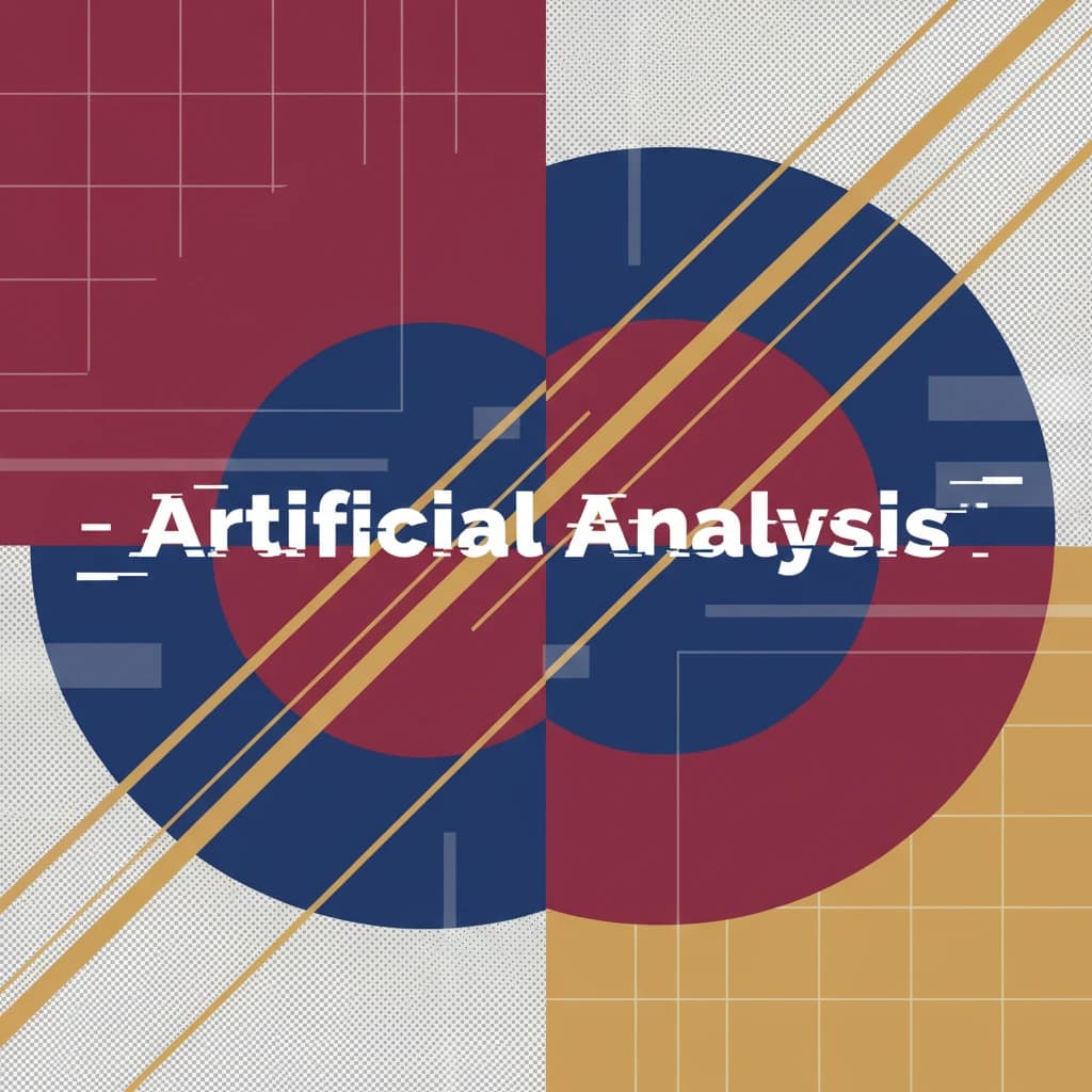 A bold poster composition dominated by flat geometric shapes in crimson, cobalt, and ochre. Overlapping circles and sharp diagonal lines create dynamic tension across the frame. A single sans-serif word — Artificial Analysis — stretches across the center in stark white, distorted slightly as though caught mid-glitch. The background is textured with halftone dots and faint grid lines, while subtle overlays of translucent rectangles suggest depth. Designed in the spirit of modernist Swiss typography fused with digital glitch aesthetics.