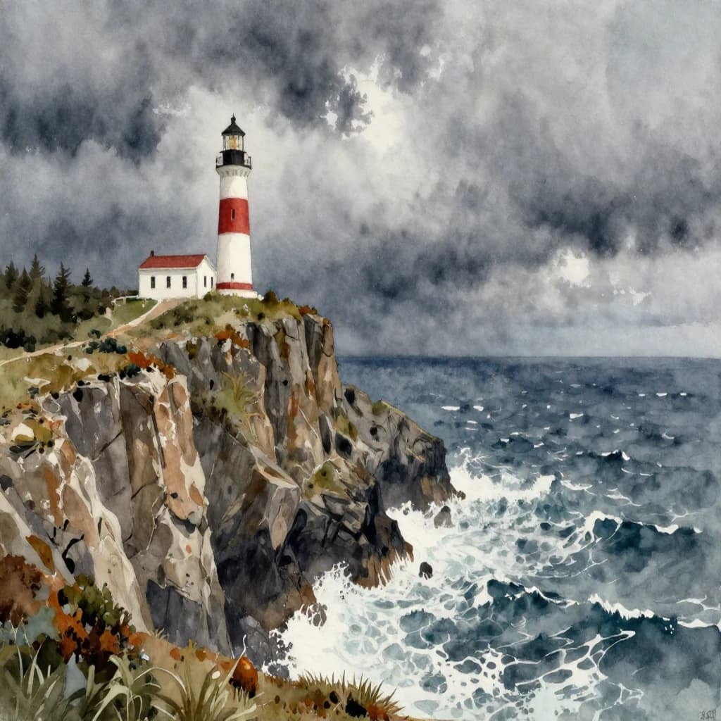 Please paint a watercolor of stormy cliffs and a lighthouse, moody sky.