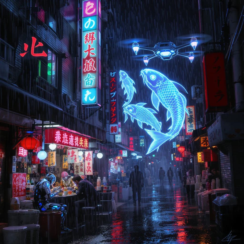 A neon alley in Neo-Tokyo 2142 drips with rain Cybernetic patrons slurp ramen at a stall with their glowing implants humming with blue light. Three giant holographic koi hover 10 metres above the ground and swim across the skyline, one has clipped into a building. A six-prop drone hovers nearby, projecting "Artificial Analysis" onto a wall with blue laser beams visible