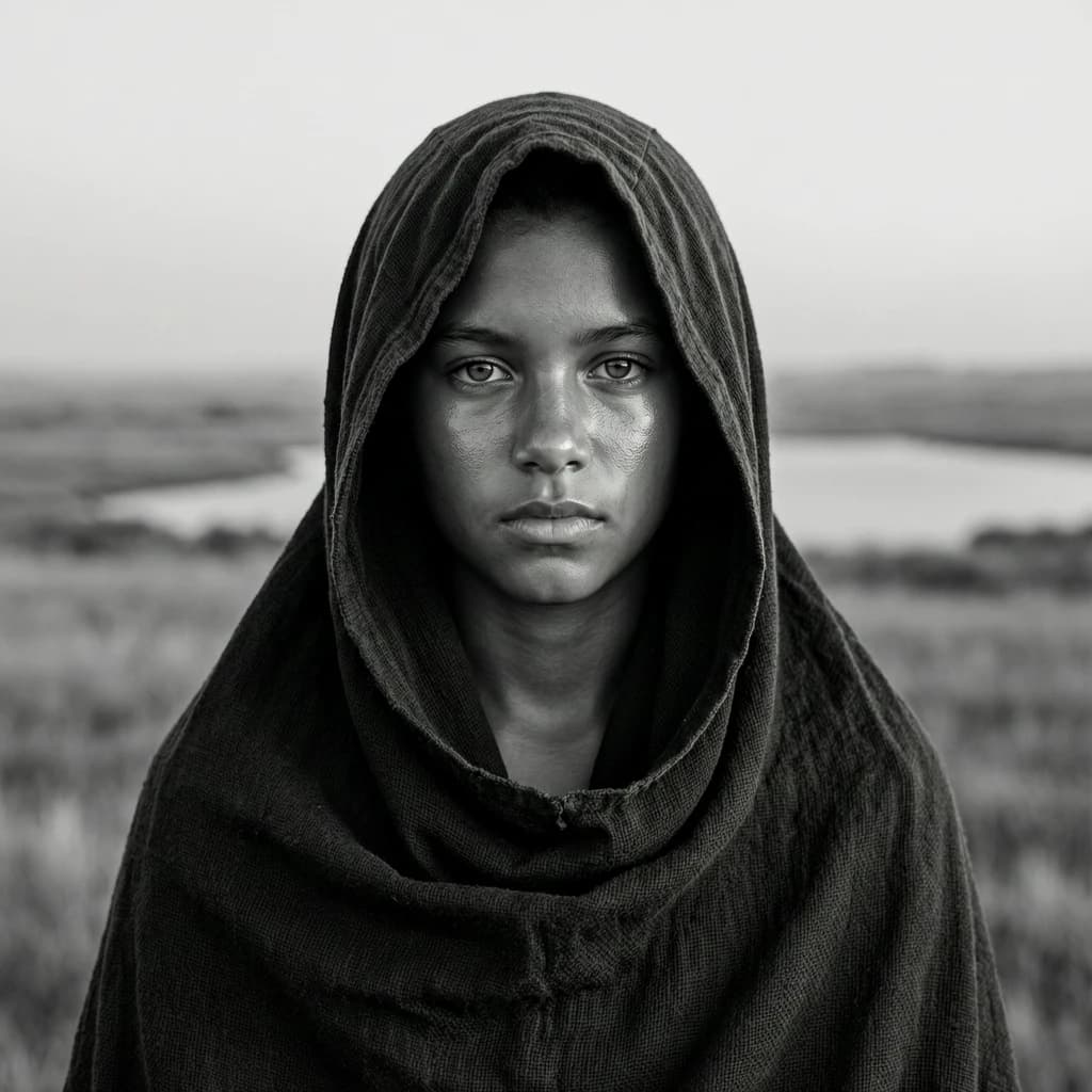 A dramatic black-and-white portrait of a young person draped in a hooded garment, their face framed by the hood's dark folds. Their skin tone and the subtle sheen on their cheeks create striking tonal contrast against the deep shadows. Their eyes are piercing, looking directly into the lens with a calm, steady intensity—neither confrontational nor submissive, but deeply present. The texture of the fabric is visible: it's dense, slightly weathered, and whisper-thin creases catch the light. In the background, an expansive, out-of-focus landscape suggests open space—perhaps distant plains or water—though the details remain soft and abstract. The overall mood is silent yet powerful, poised between vulnerability and resilience, with every highlight and shadow telling part of their story.