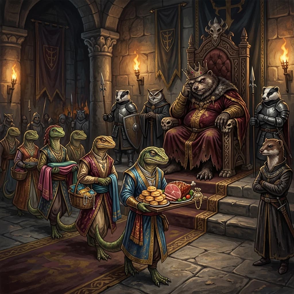 Big Weasel, the tyrannical ruler of the Levitus, slouches on his throne, his mood foul but somewhat brightened by the sight of gifts - a wearisome group of lizard traders adorned in fine silks proceed toward him through the hall with their annual tribute of biscuits, ham and gold - Big Weasel's favourites. Big Weasel's entourage looks on with stern approval.