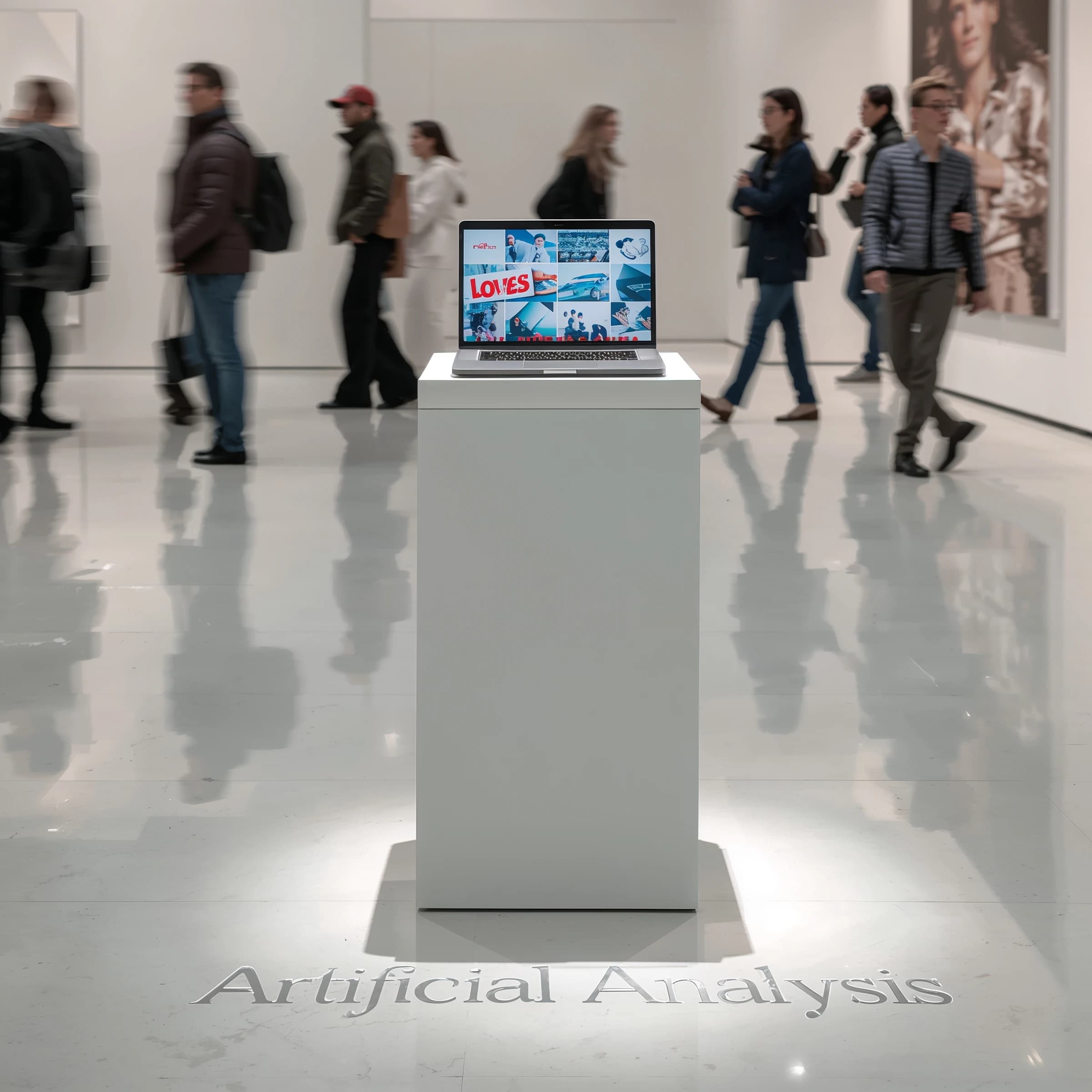 In a spotless gallery space, a pedestal supports a transparent laptop whose screen flickers between static and pristine brand imagery. Shoppers blur past in designer clothes that appear slightly outdated - bell bottoms, metallic jackets. The embossed logo “Artificial Analysis” glints silver, yet its reflection in the glass floor reads in crimson letters. A single spotlight shines, though shadows fall in two directions.