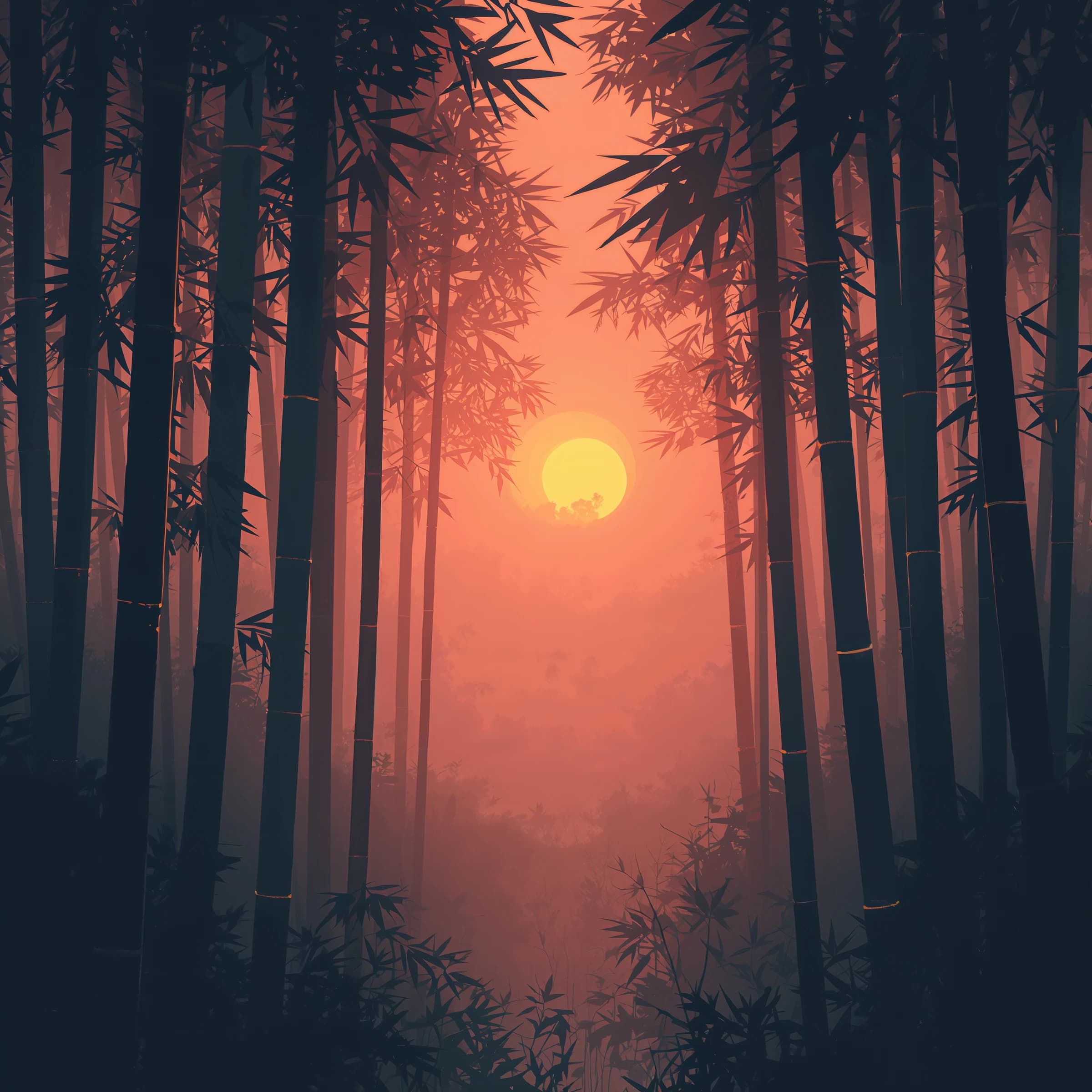 Give me a misty bamboo forest at sunrise, bold outlines, slightly cel-shaded.