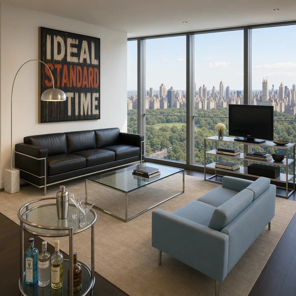 My apartment overlooks Central Park. It’s very luxurious, very expensive, and the furniture is minimal — a black leather couch, a glass coffee table with chrome legs, an Arne Jacobsen floor lamp. A big-screen television set rests on a steel shelving unit. A David Onica painting hangs above the couch. There’s a stainless steel and glass cocktail table. A powder-blue sofa. A thirty-inch digital TV.