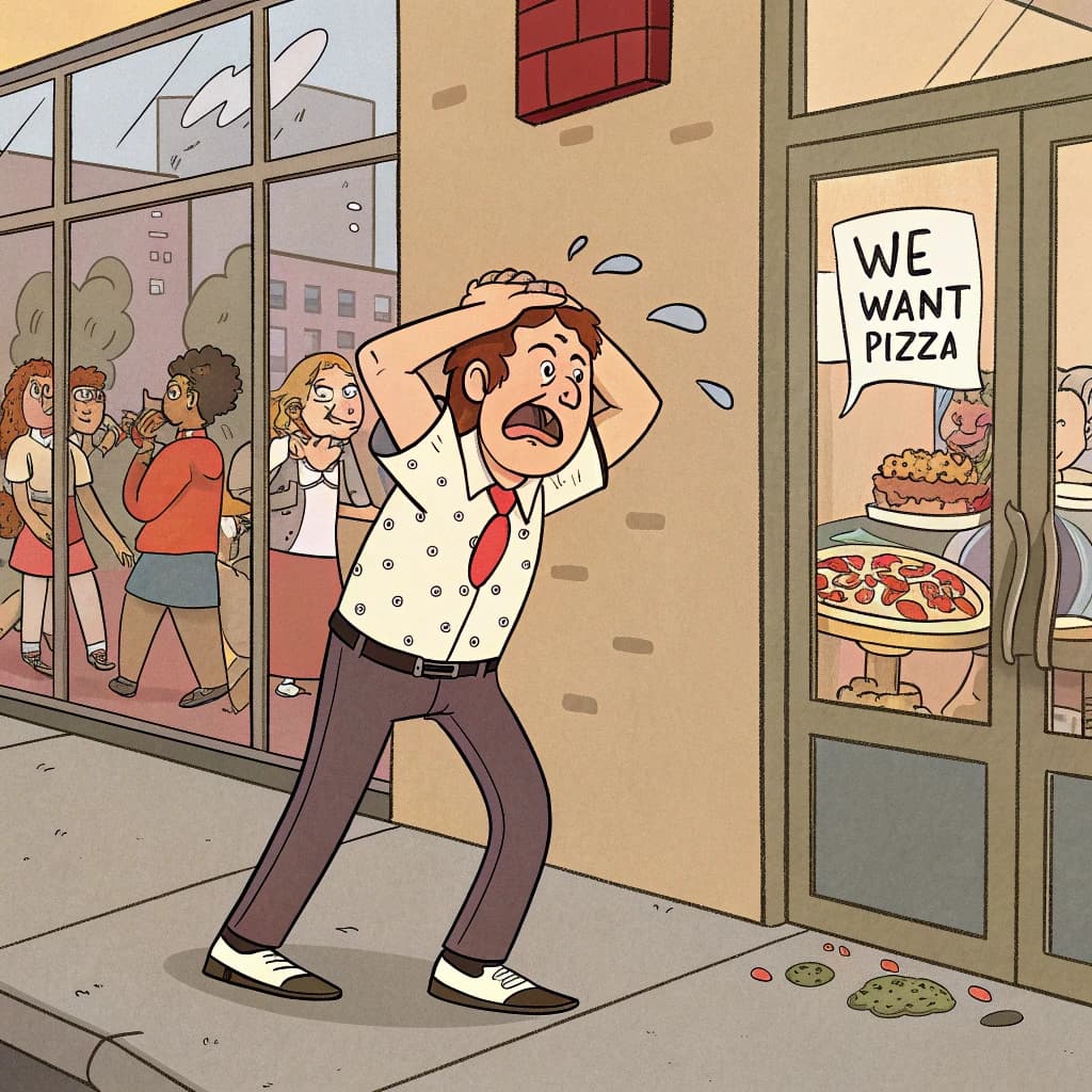Pasquale is pulling his few remaining hairs out over a disaster at the pizzeria - the cooks are working as fast as they can but the crowds outside are swelling and they demand hot hot pizza! They are banging on the glass and some are wearing "we want pizza" shirts. 1980s western TV animation style.